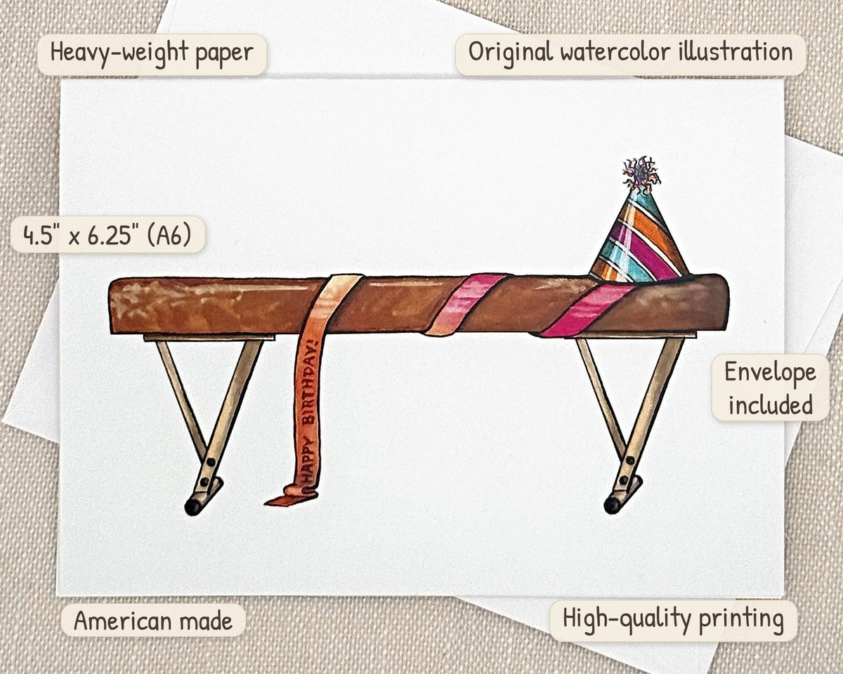 Gymnastics birthday card by Miss Hairbrush – details