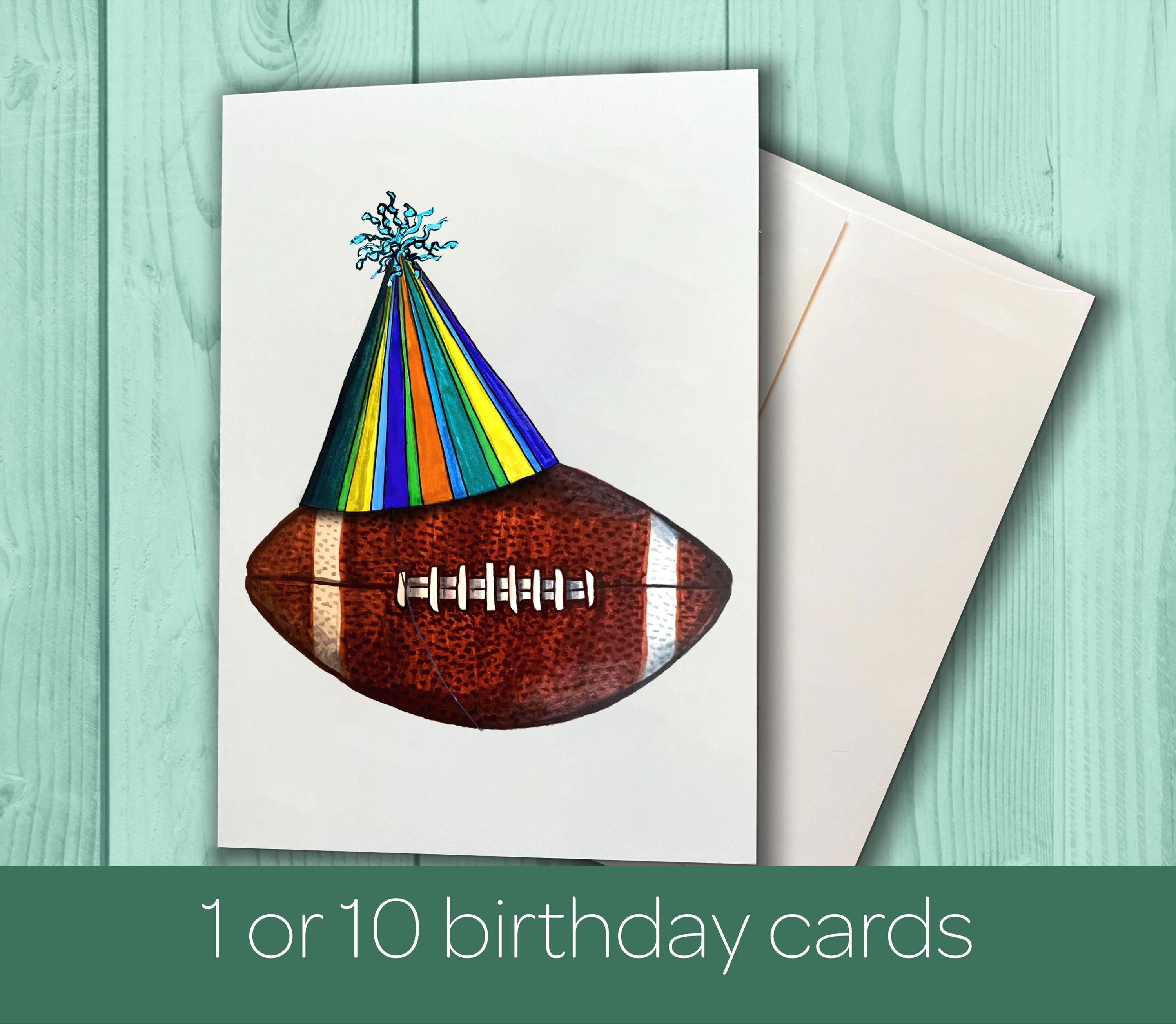 Football with birthday hat. Football birthday card.