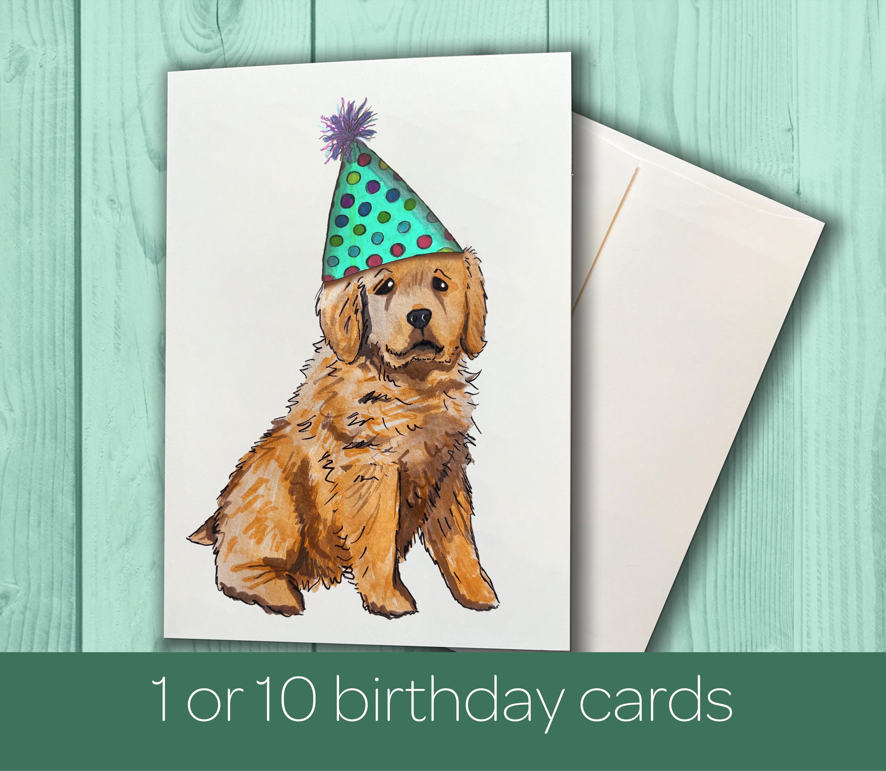 Golden retriever puppy wearing a birthday hat. Golden retriever puppy birthday card.