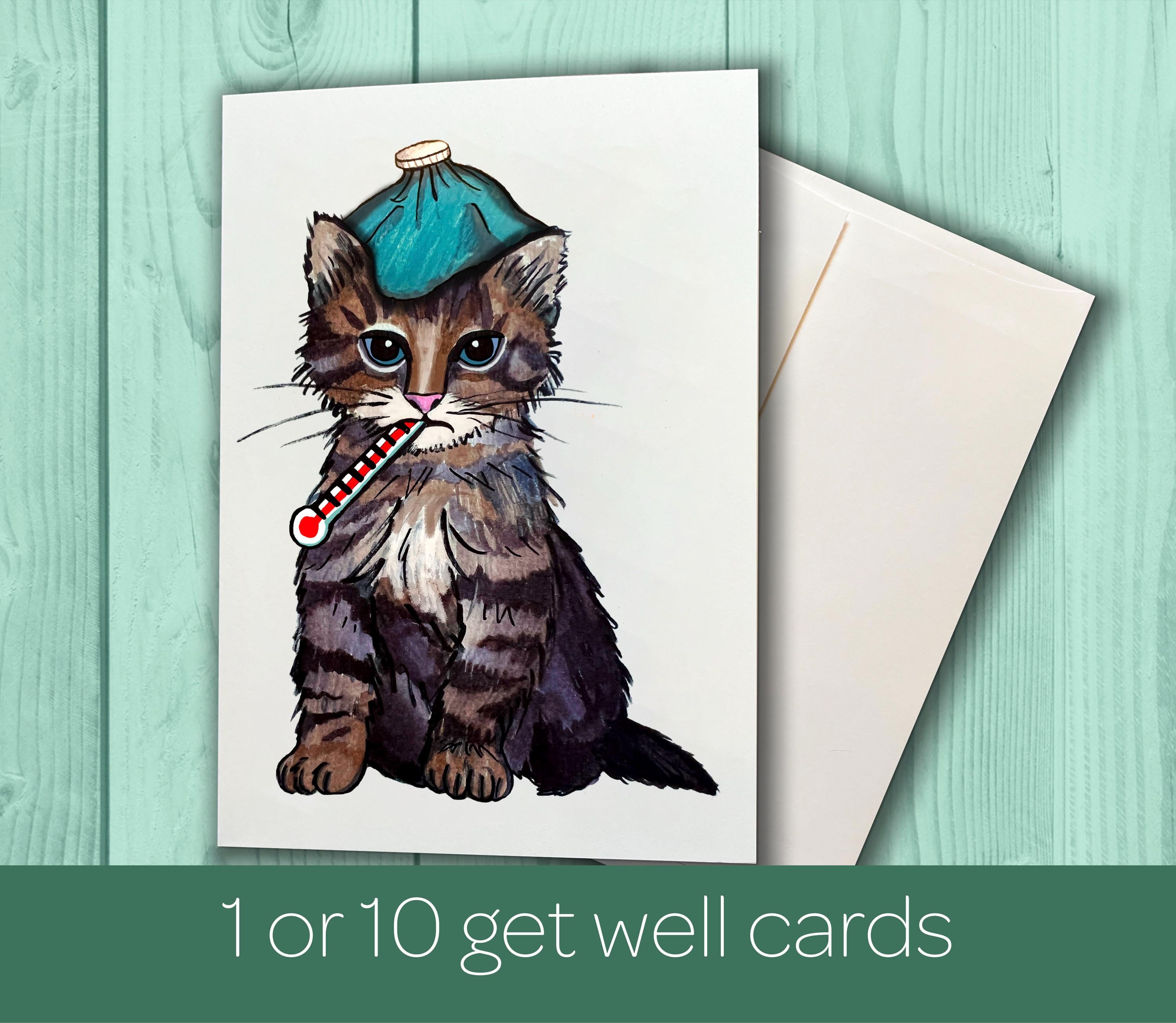 Cat Get Well - Card Pack - Get Well, Feel Better, Sick, Hospital, Friend Card Pack for Him or Her or kids - Hand Drawn Watercolor