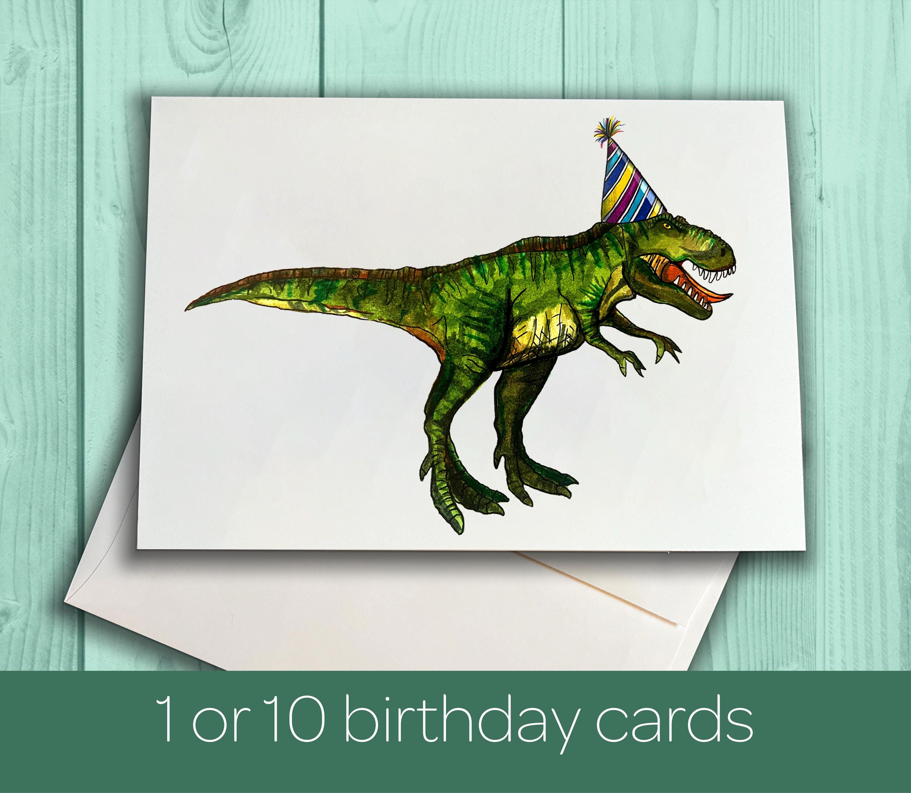 T Rex Dinosaur Birthday Card - Card Pack - Birthday Card, Kids Tyrannosaurus Rex Birthday Card  - Hand Drawn Watercolor Birthday Cards
