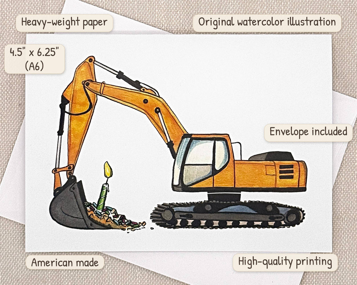Excavator birthday card by Miss Hairbrush – details
