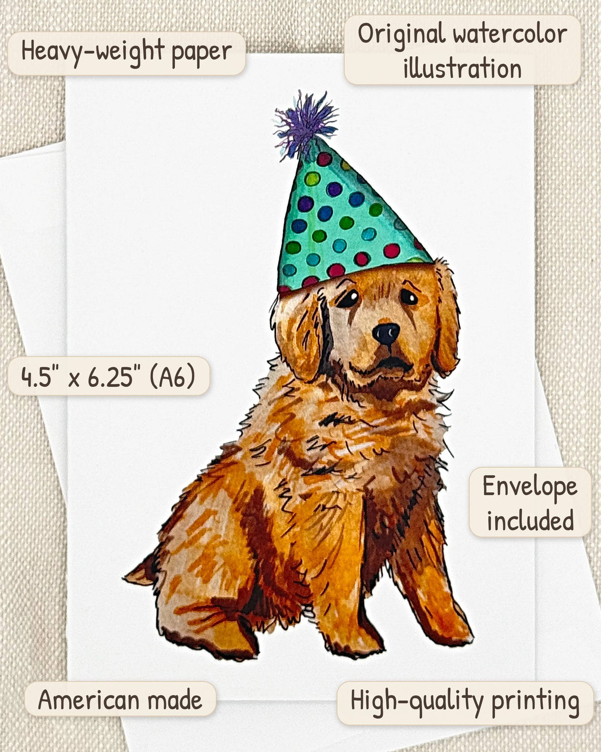 Golden Retriever birthday card by Miss Hairbrush – details