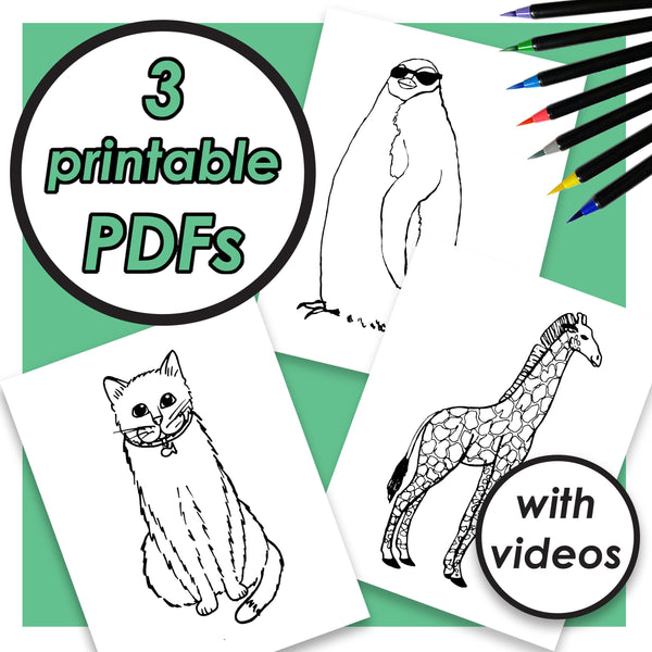 Printable Animal Coloring Pages for Kids, Cat, Giraffe, Penguin Coloring Sheets, PDF pictures, Color-Along Videos Included