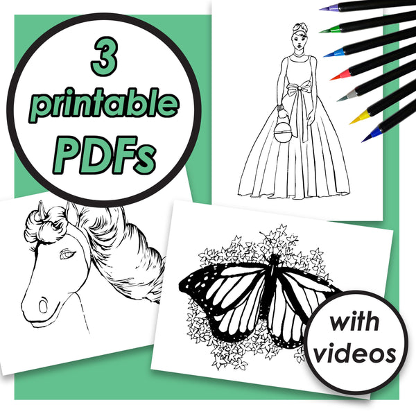 Printable Animal Coloring Pages for Kids, Horse, Princess, Butterfly Coloring Sheets, PDF pictures, Color-Along Videos Included