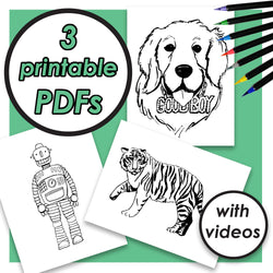 Printable Animal Coloring Pages for Kids, Robot, Tiger, Dog Coloring Sheets, PDF pictures, Color-Along Videos Included