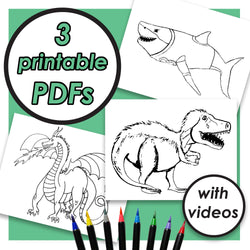 Printable PDF Animal Coloring Pages for Kids - Coloring Sheets for Children - Dragon, Shark, Dinosaur T-Rex, Color-Along Videos Included