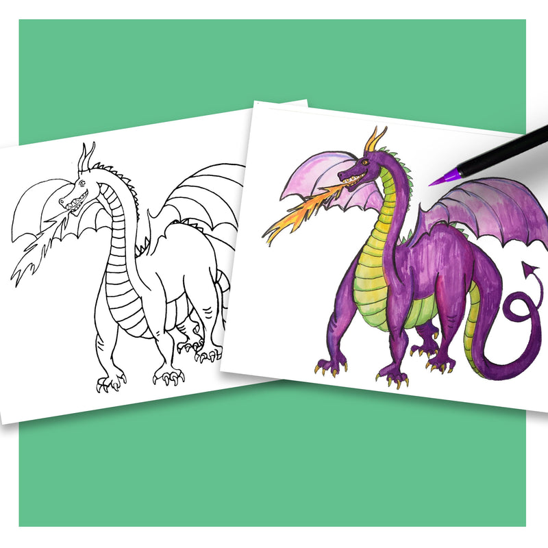 Printable PDF Animal Coloring Pages for Kids - Coloring Sheets for Children - Dragon, Shark, Dinosaur T-Rex, Color-Along Videos Included