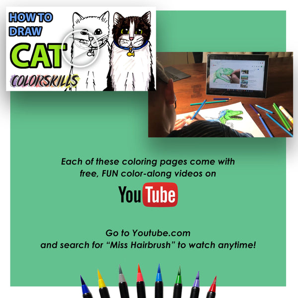 Printable Cat Coloring Page for Kids, Coloring Sheets, PDF pictures, Color-Along Videos Included