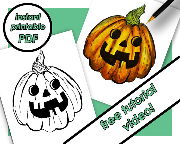 Coloring Page - Pumpkin Jack o Lantern - Coloring Sheet - Printable PDF - Art Activity - Color Tutorial Videos Included