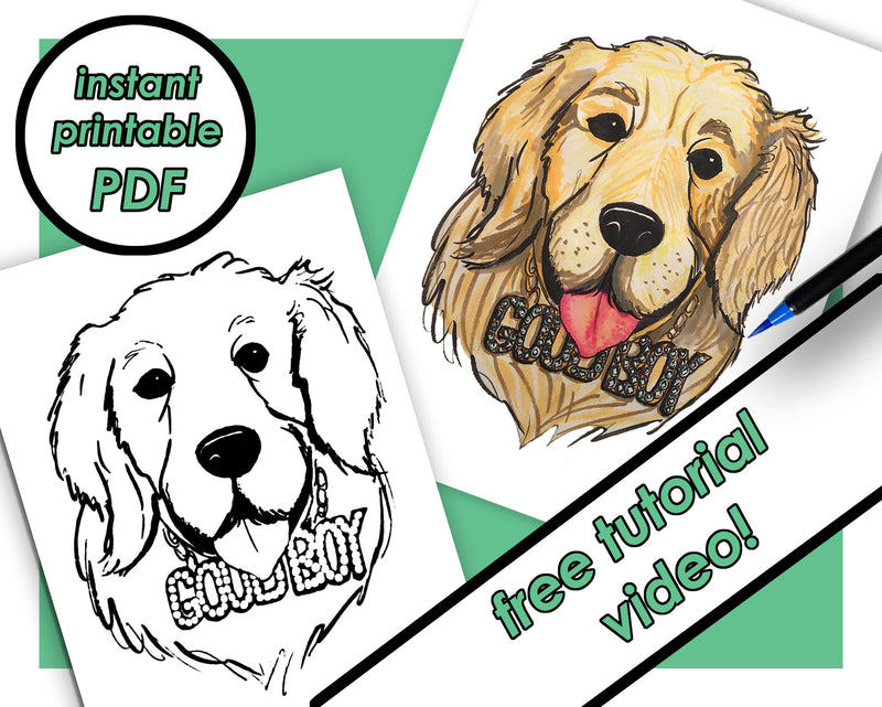 Printable Dog (Golden Retriever) Coloring Page for Kids, Coloring Sheets, PDF pictures, Color-Along Videos Included