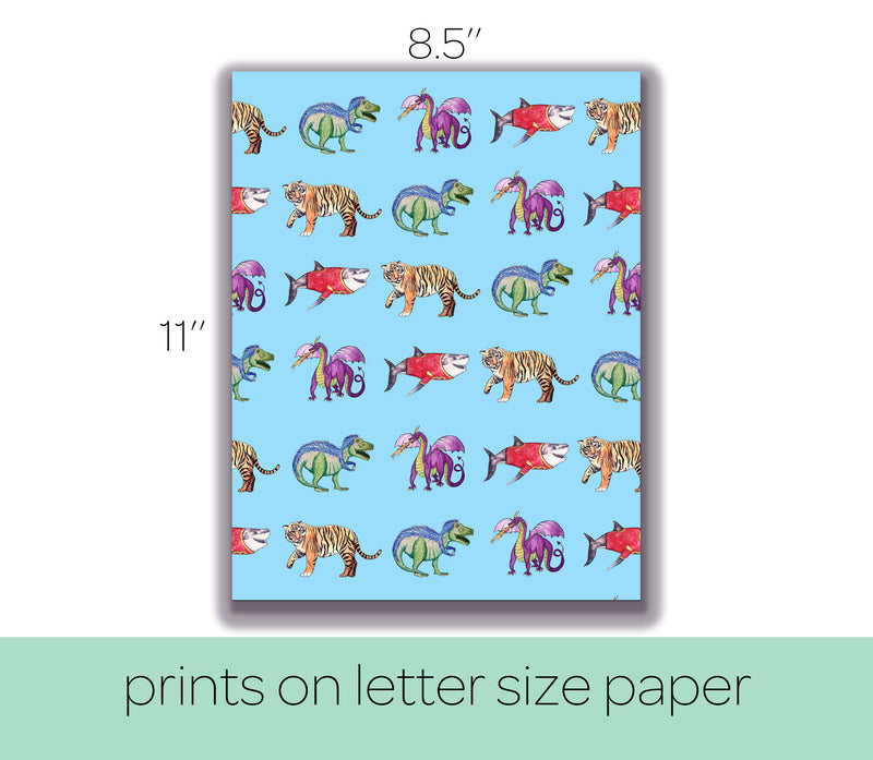 8.5'' x 11'' Printable Dinosaur, Dragon, Shark, Tiger Wrapping Paper for Kids Birthday