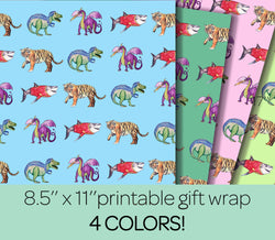 8.5'' x 11'' Printable Dinosaur, Dragon, Shark, Tiger Wrapping Paper for Kids Birthday