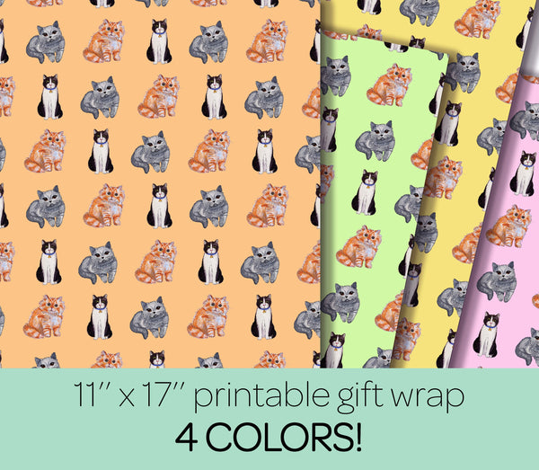 Cute Printable Cat Wrapping Paper - Cat Gift Paper - 11'' X 17''