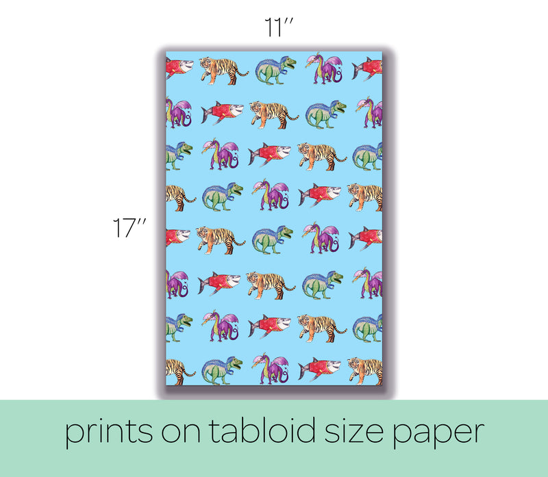 11'' X 17'' Printable Dinosaur, Dragon, Shark, Tiger Wrapping Paper for Kids Birthday