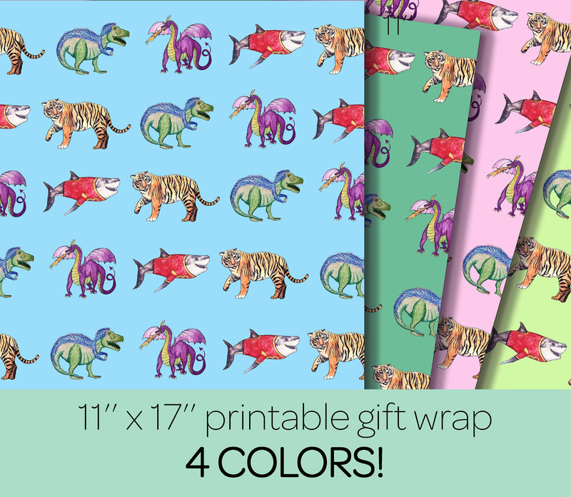 11'' X 17'' Printable Dinosaur, Dragon, Shark, Tiger Wrapping Paper for Kids Birthday