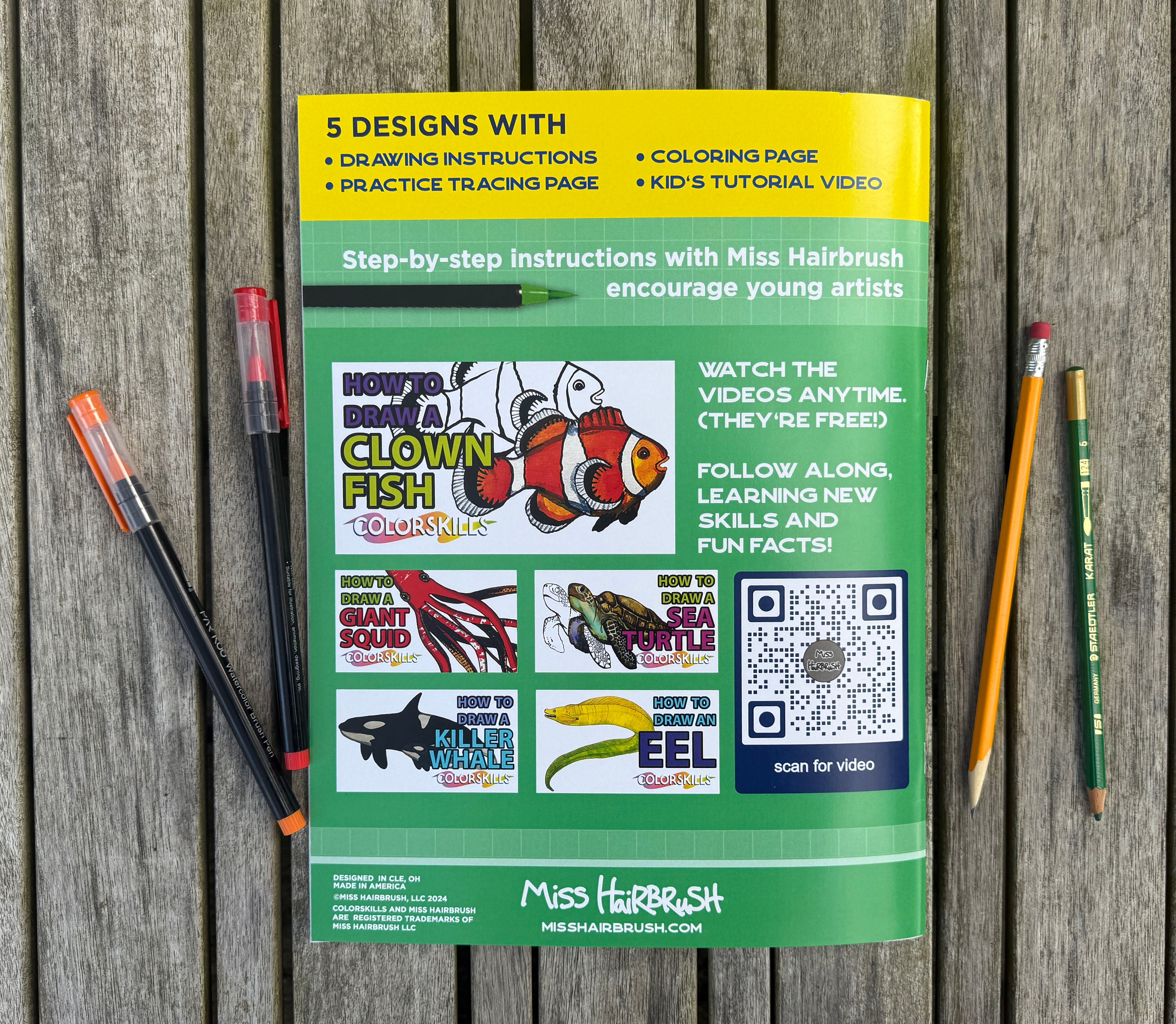 Back cover showing all ocean animal illustrations in the COLORSKILLS drawing book for kids