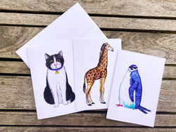 Animal Mix note cards with white envelopes (set of 12) - Black and White Cat, Giraffe, Blue Penguin