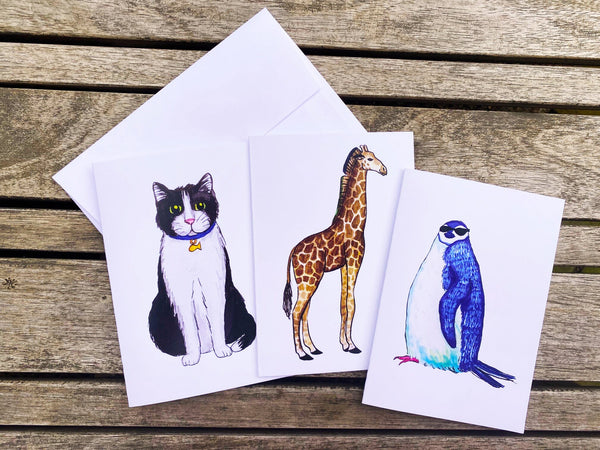 Animal Mix note cards with white envelopes (set of 12) - Black and White Cat, Giraffe, Blue Penguin