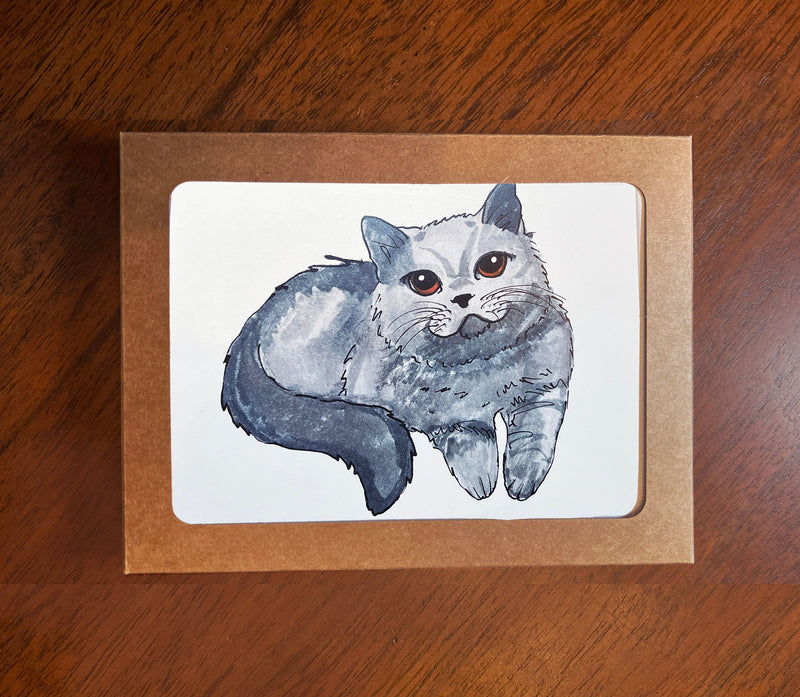 Cute Watercolor Cat Cards - Cute Cat Note Card, Cat Greeting Card, Gray Cat, Blue Russian, Note card pack - Blank Cat Card - With Envelopes