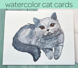 Cute Watercolor Cat Cards - Cute Cat Note Card, Cat Greeting Card, Gray Cat, Blue Russian, Note card pack - Blank Cat Card - With Envelopes