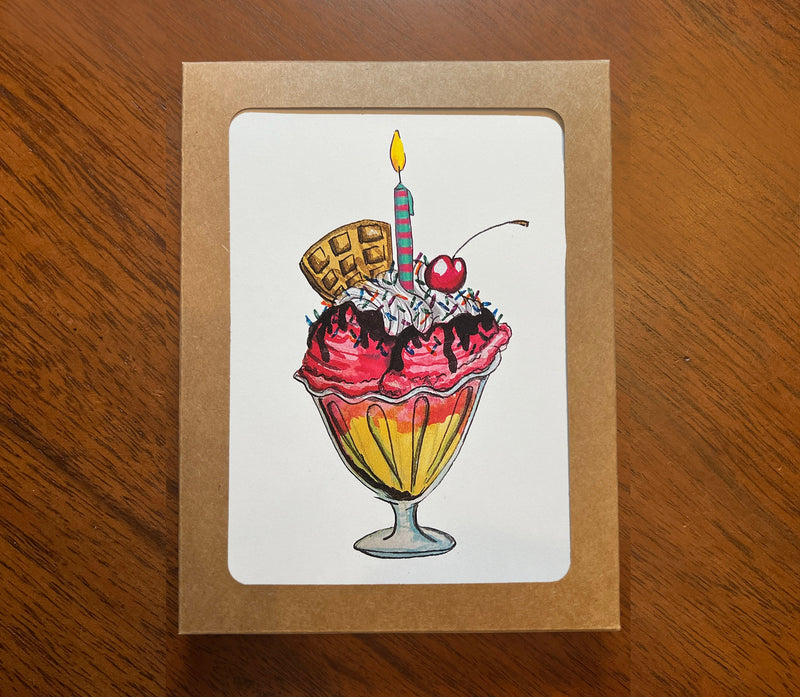 Ice Cream Sundae Birthday Card Pack for Her - Single or Pack of 10 Hand Drawn Watercolor Birthday Cards -