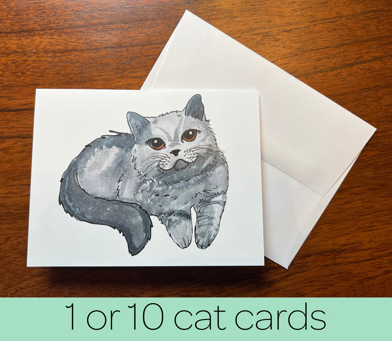 Single or Pack of 10 Watercolor Cat Cards - Cute Cat Note Card, Greeting Card, Gray Cat, Blue Russian - Blank Cat Card - With Envelopes