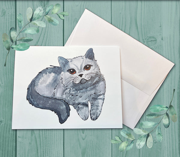 Cute Watercolor Cat Cards - Cute Cat Note Card, Cat Greeting Card, Gray Cat, Blue Russian, Note card pack - Blank Cat Card - With Envelopes