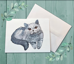 Single or Pack of 10 Watercolor Cat Cards - Cute Cat Note Card, Greeting Card, Gray Cat, Blue Russian - Blank Cat Card - With Envelopes