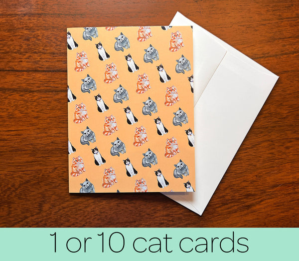 Single or Pack of 10 Watercolor Cat Card - Cute Cat Note Card, Greeting Card - Wallpaper Collage - With White Envelopes