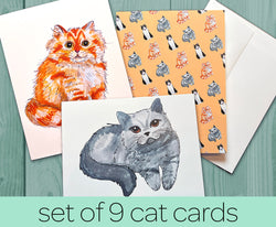 Pack of 9 Cute Watercolor Cat Cards - Cat Note Card, Cat Greeting Card, Gray Cat, Blue Russian - Blank Cat Card - With Envelopes