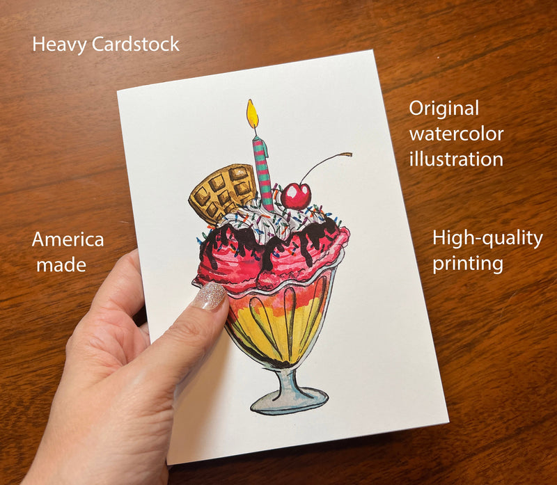 Ice Cream Sundae Birthday Card Pack for Her - Single or Pack of 10 Hand Drawn Watercolor Birthday Cards -