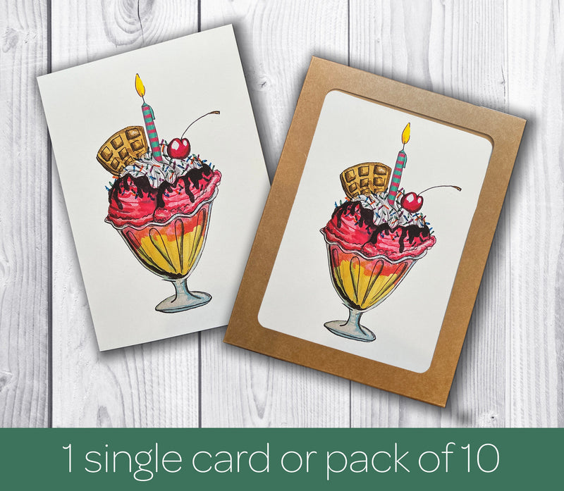 Ice Cream Sundae Birthday Card Pack for Her - Single or Pack of 10 Hand Drawn Watercolor Birthday Cards -