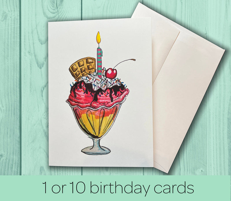 Ice Cream Sundae Birthday Card Pack for Her - Single or Pack of 10 Hand Drawn Watercolor Birthday Cards -