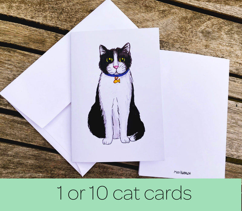 Black and White Cat Note Card Pack w/ Envelopes (Set of 10) - Cat Greeting Cards