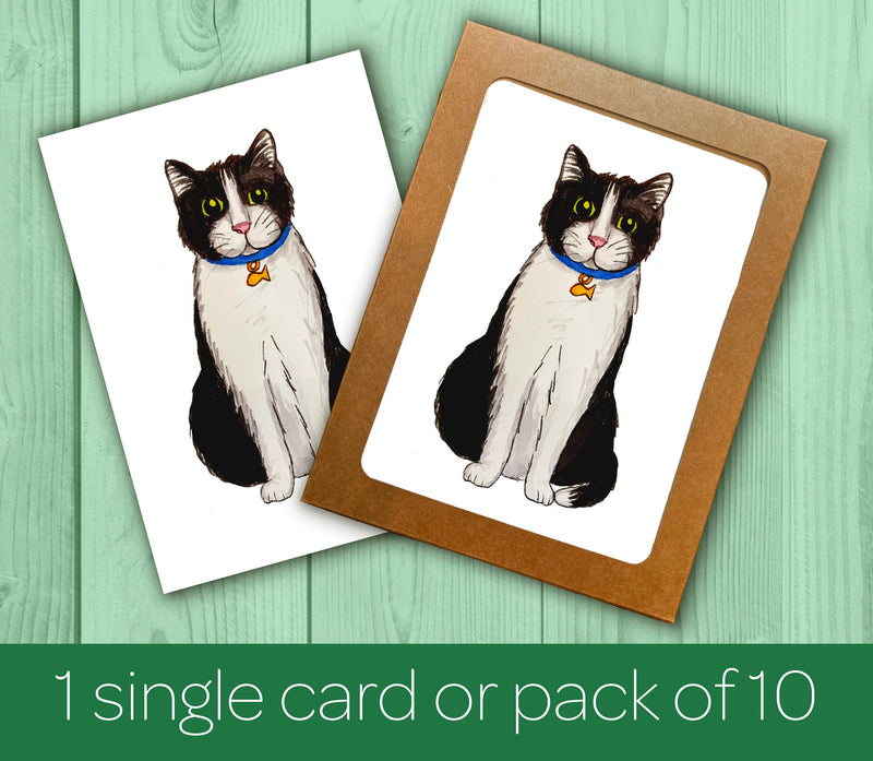 Black and White Cat Note Card Pack w/ Envelopes (Set of 10) - Cat Greeting Cards