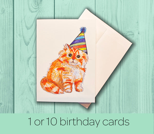 Orange Cat Birthday Card - Card Pack - Birthday Card Pack for Adults or Kids- Hand Drawn Watercolor Birthday Cards