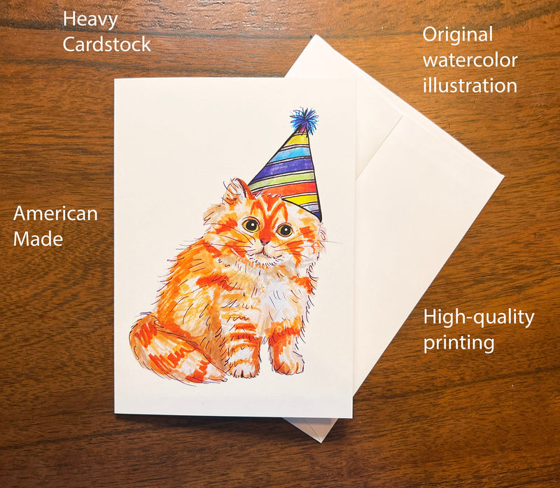 Orange Cat Birthday Card - Card Pack - Birthday Card Pack for Adults or Kids- Hand Drawn Watercolor Birthday Cards