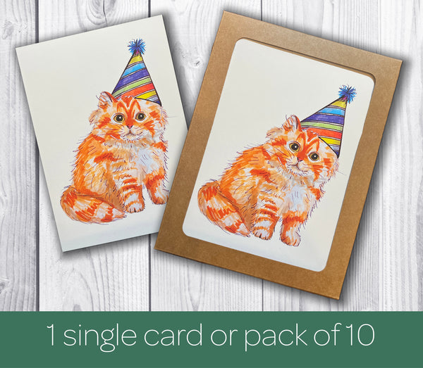 Orange Cat Birthday Card - Card Pack - Birthday Card Pack for Adults or Kids- Hand Drawn Watercolor Birthday Cards