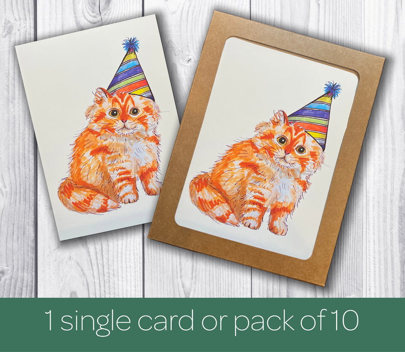 Orange Cat Birthday Card - Card Pack - Birthday Card Pack for Adults or Kids- Hand Drawn Watercolor Birthday Cards