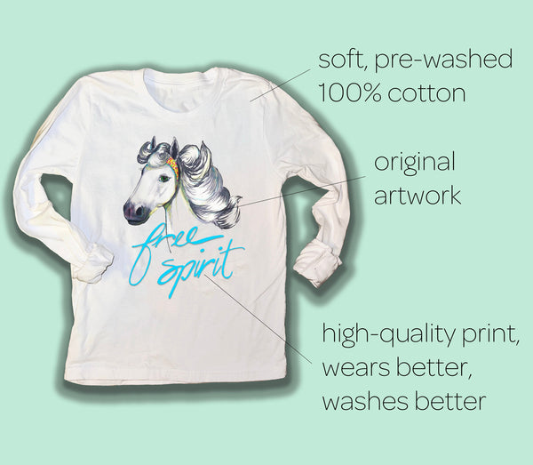 Horse T-Shirt, Long Sleeve, For Girls, White, For Horse Lovers!