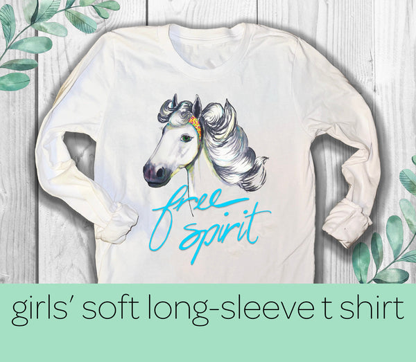 Horse T-Shirt, Long Sleeve, For Girls, White, For Horse Lovers!