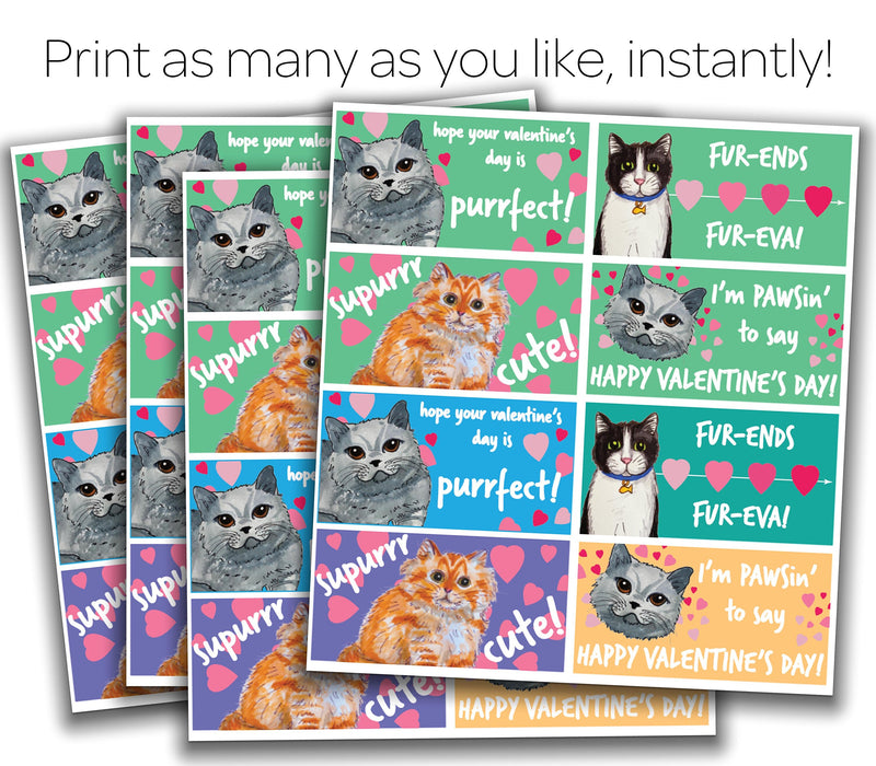 Printable Cat Valentines for Kids, PDF, for school